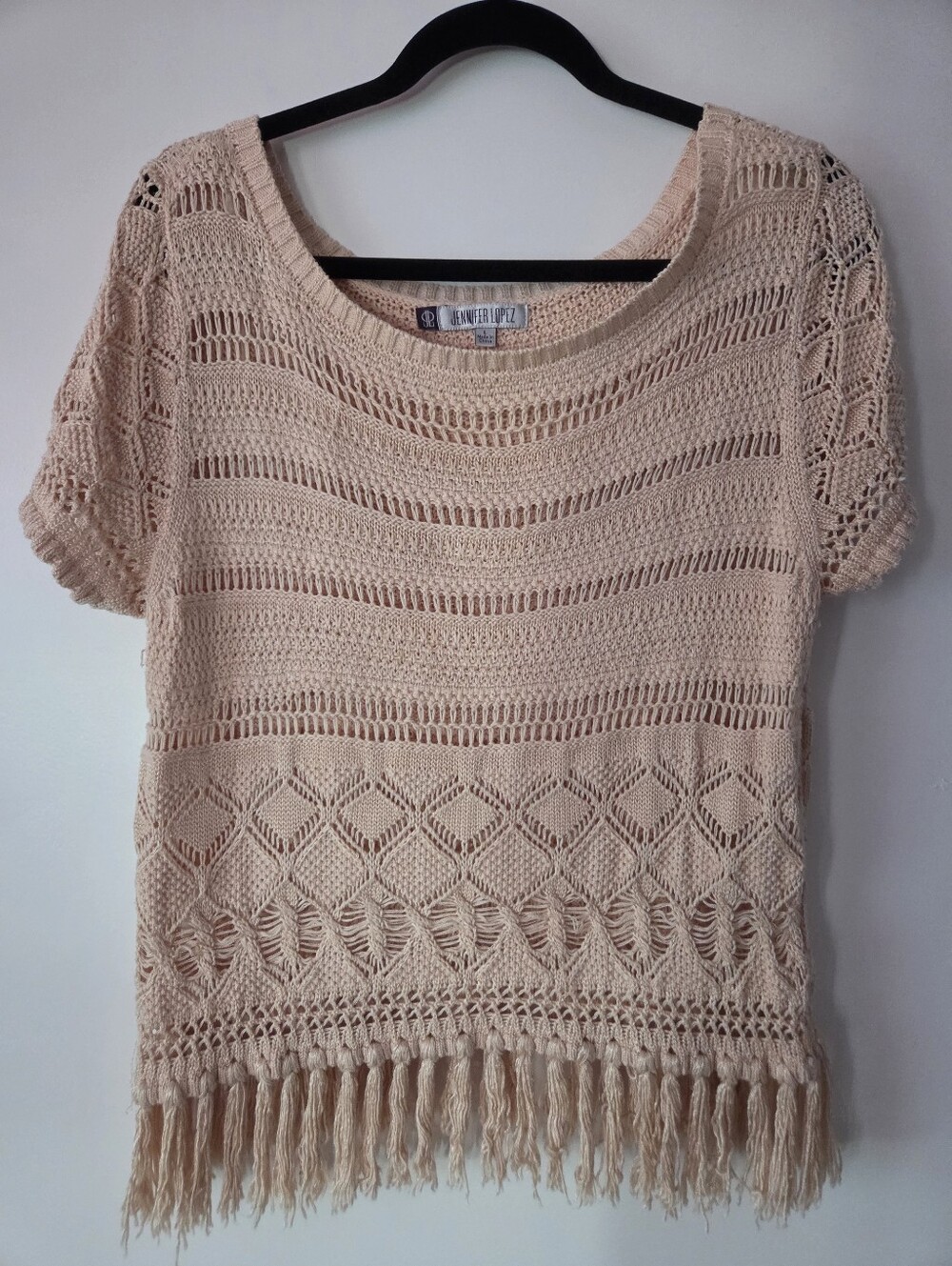 Jennifer Lopez Women's Crochet Fringe Sweater Top - Beige / Cream